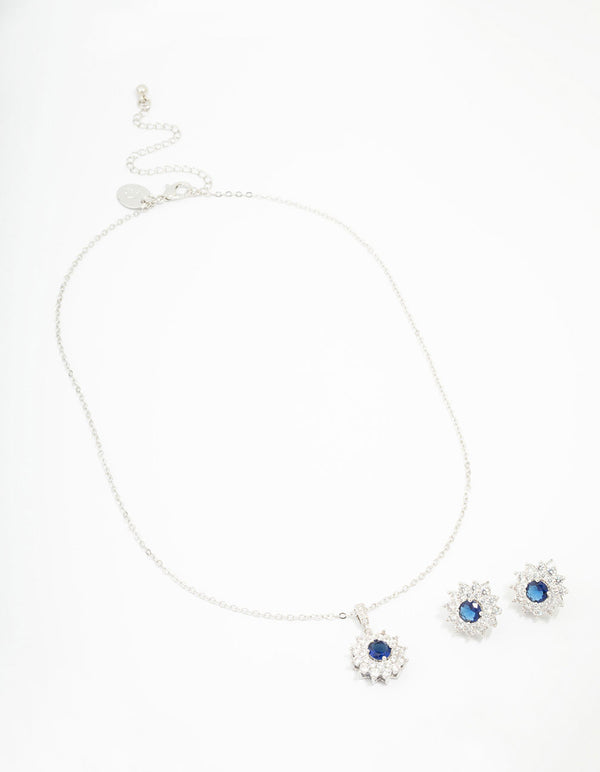 Silver Cubic Zirconia Daisy Sapphire Jewellery Set