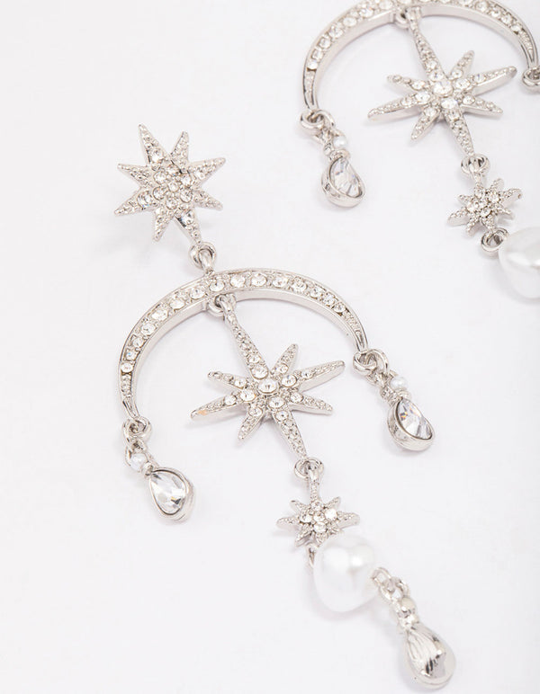 Silver Celestial & Pearl Drop Earrings