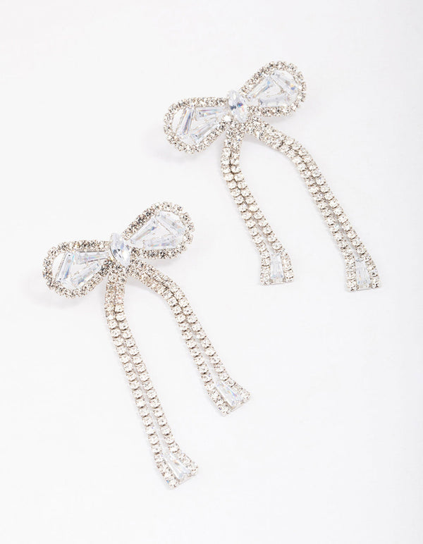 Silver Large Diamante Bow Drop Earrings