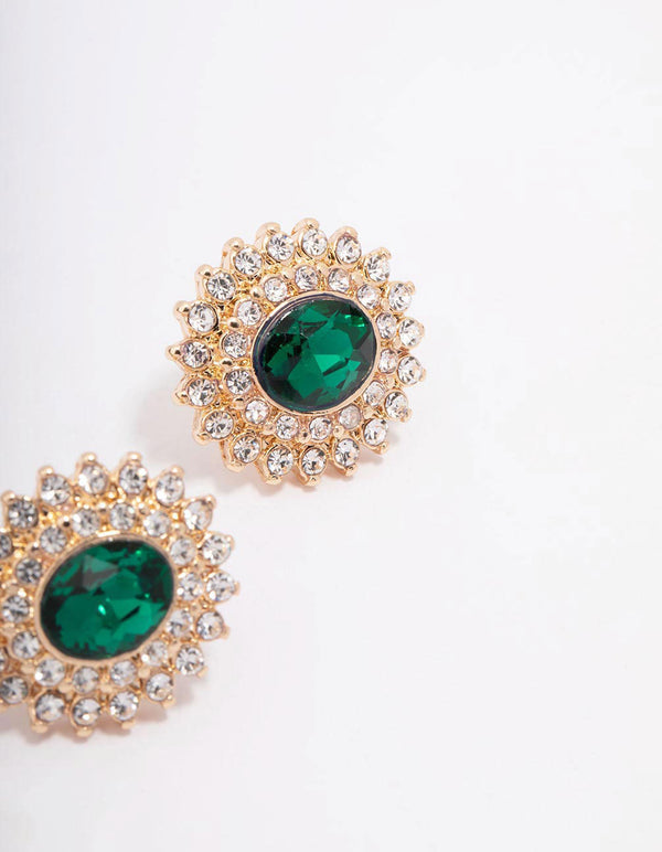 Gold Oval Emerald Circle Stud Earrings