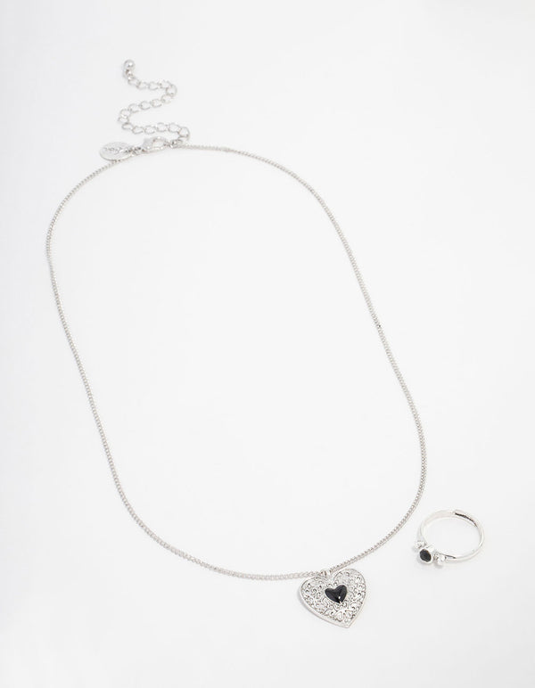 Antique Silver Rustic Heart Necklace & Ring Set