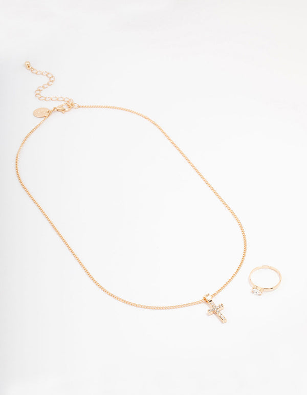Gold Bling Cross Jewellery Set