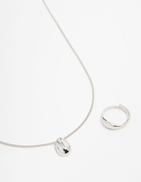 Silver Smooth Stone Necklace & Ring Set
