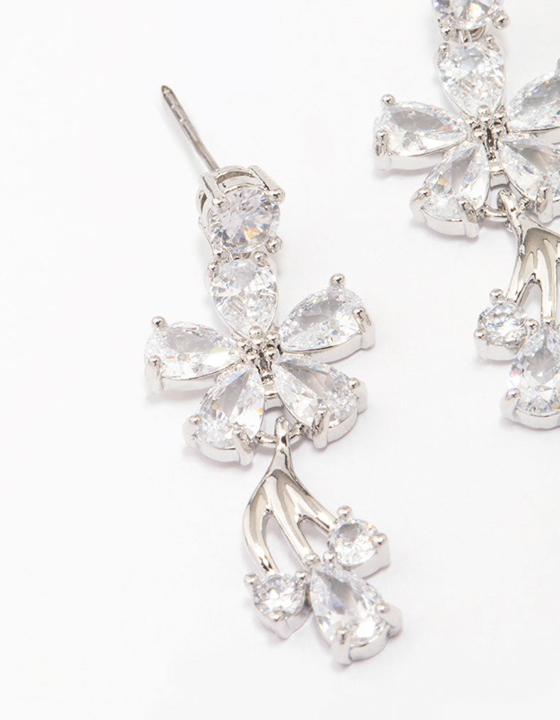 Silver Cubic Zirconia Flower Small Drop Earrings