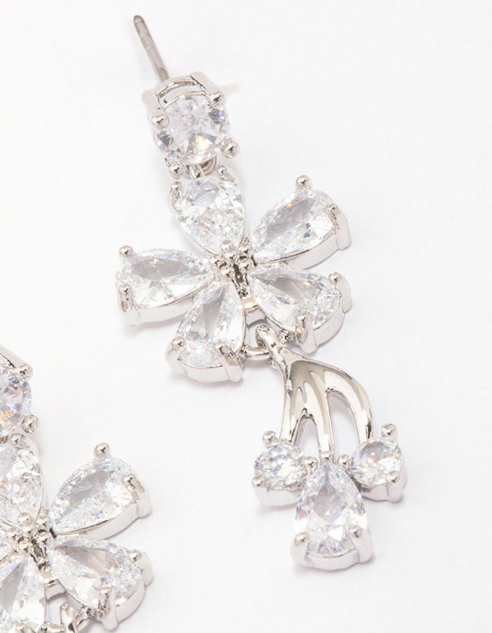 Silver Cubic Zirconia Flower Small Drop Earrings