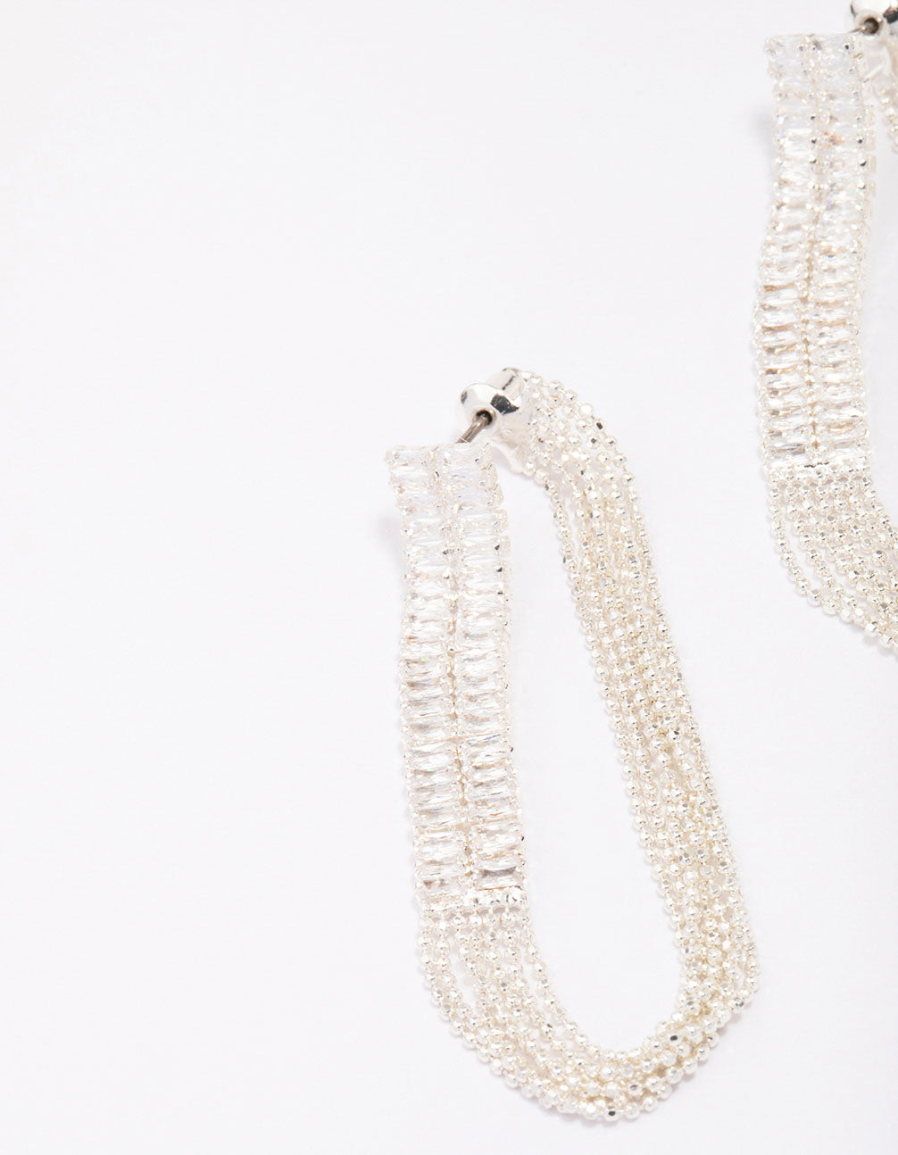 Silver Cubic Zirconia Chain Rectangular Drop Earrings