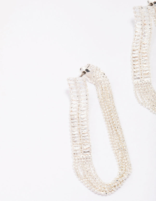 Silver Cubic Zirconia Chain Rectangular Drop Earrings