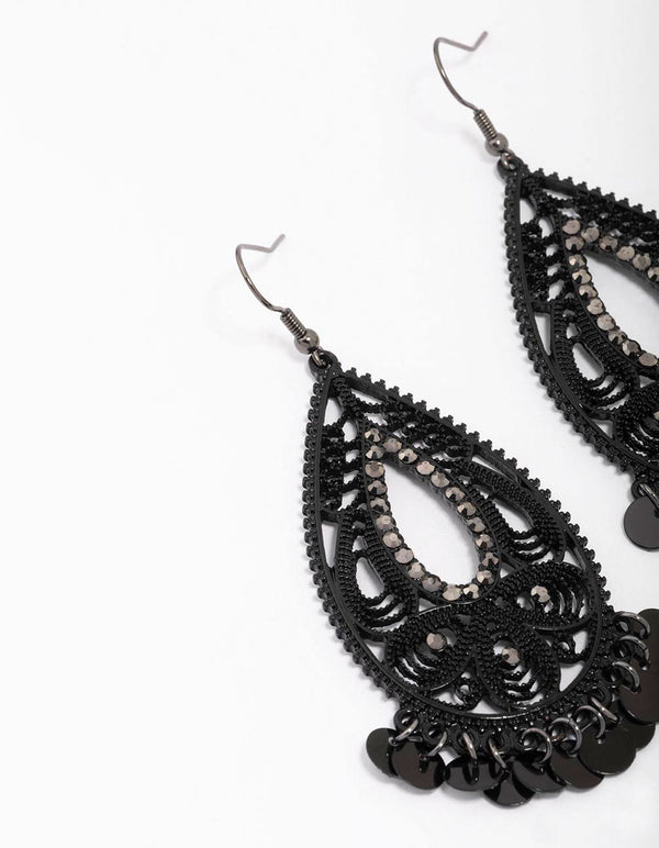 Black Teardrop Beaded Drop Earrings