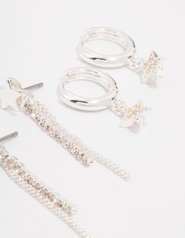 Silver Plated Brass Star Chain Earring 3-Pack