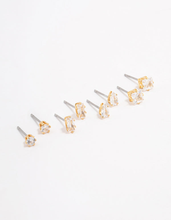 Gold Plated Brass Cubic Zirconia Stud Earring 4-Pack
