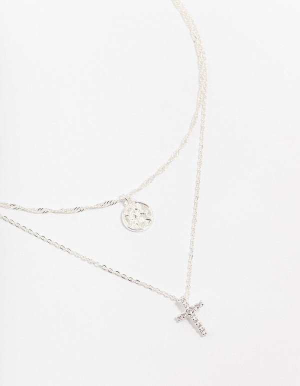 Silver Plated Brass Cubic Zirconia Cross Coin Layered Necklace