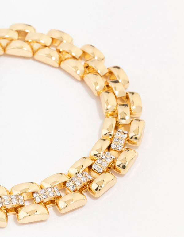 Gold Plated Brass Square Link Pave Chain Bracelet