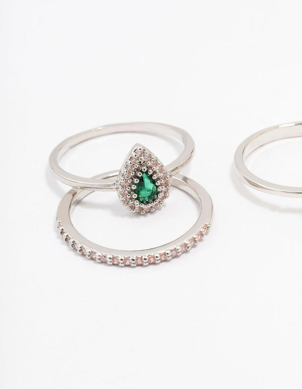 Rhodium Cubic Zirconia Halo Pear Stacking Ring Set