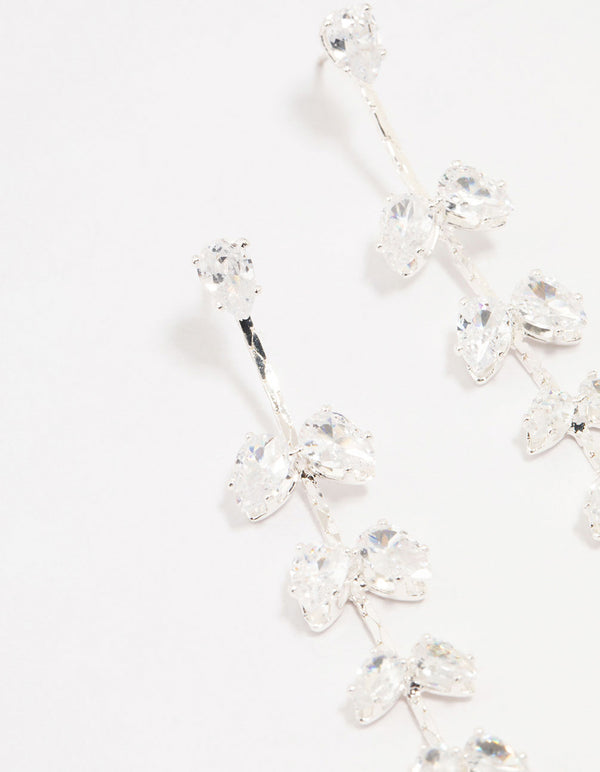 Silver Cubic Zirconia Petal Stem Drop Earrings