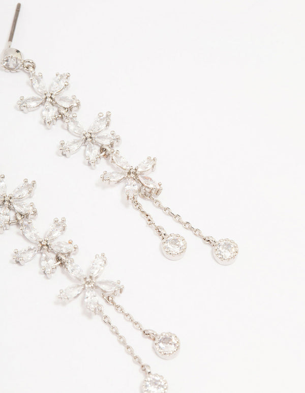 Silver Cubic Zirconia Flower Multi Drop Earrings
