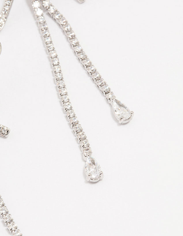 Silver Cubic Zirconia Large Bow Drop Earrings