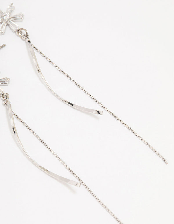 Silver Cubic Zirconia Double Flower Drop Earrings