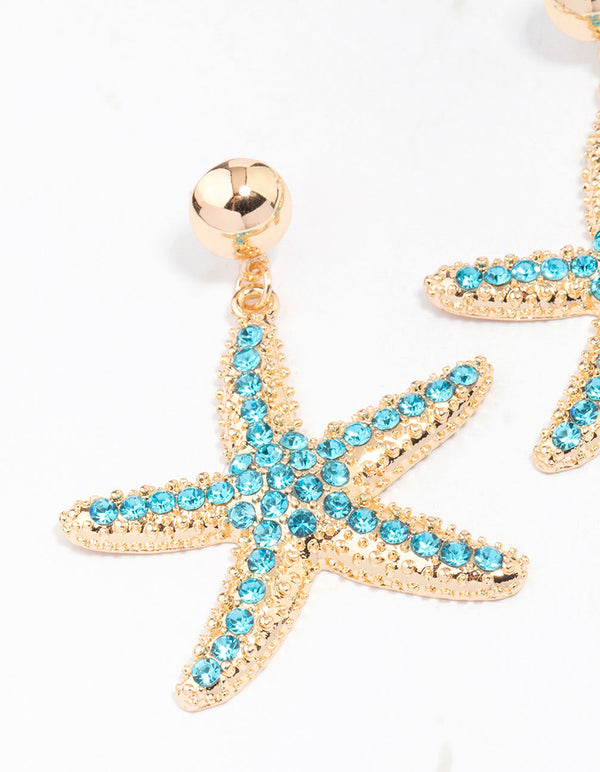 Gold Diamante Starfish Drop Earrings