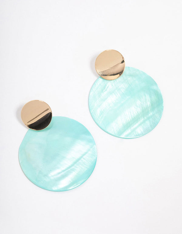 Gold Blue Genuine Shell Circle Drop Earrings
