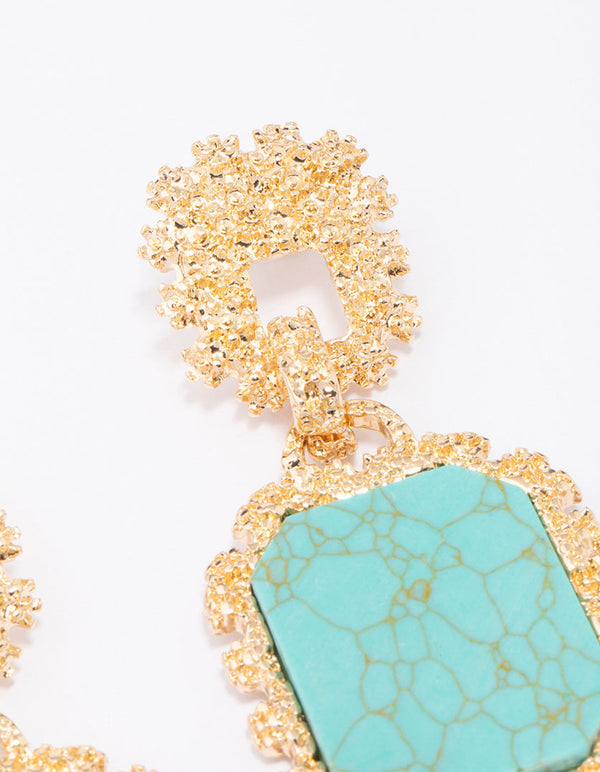 Gold Textured Oval & Square Drop Earrings