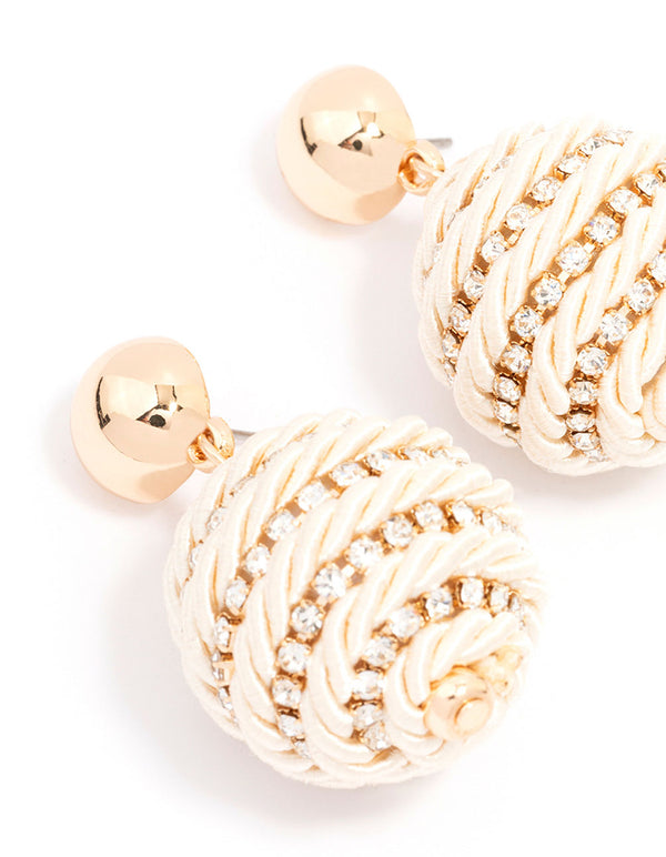Fabric Woven Ball Diamante Drop Earrings