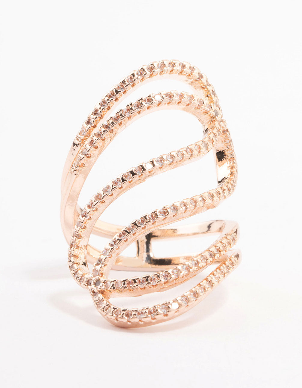 Beautifully crafted rose gold lovely ribbon cubic zirconia cocktail ring close up view