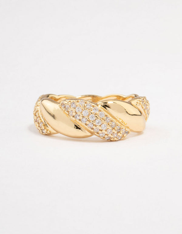 Elegantly designed gold plated cubic zirconia braided ring close up view