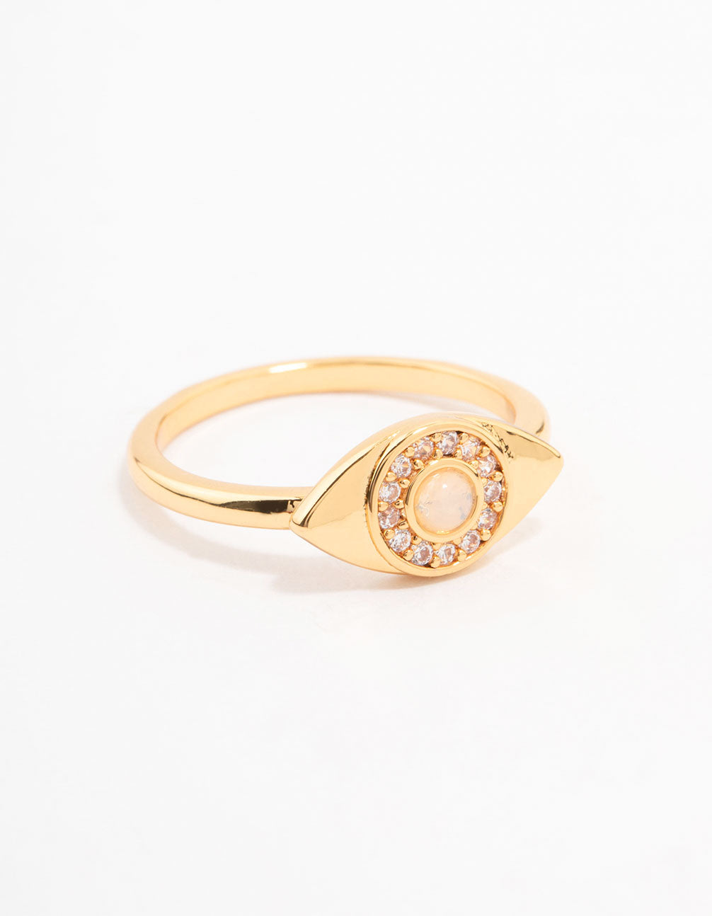 Showcasing a gold plated opulent cubic zirconia evil eye ring with dainty styling side detail view