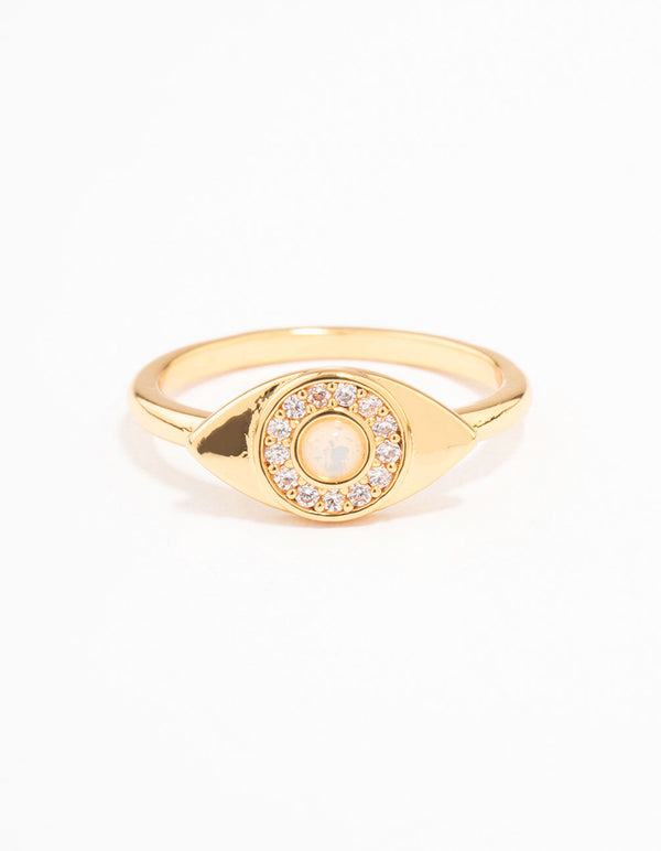 Featuring a gold plated opulent cubic zirconia evil eye ring in dainty style front view