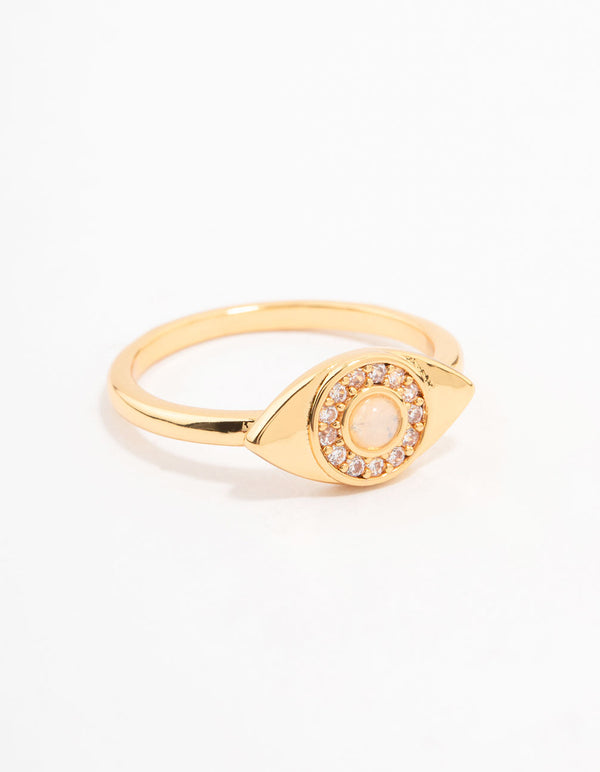Showcasing a gold plated opulent cubic zirconia evil eye ring with dainty styling side detail view