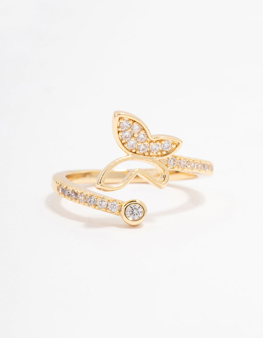 Featuring a gold plated butterfly cubic zirconia wrapped ring front view