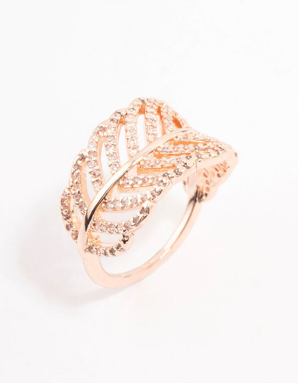 Elegant leaf band ring with rose gold and cubic zirconia front view