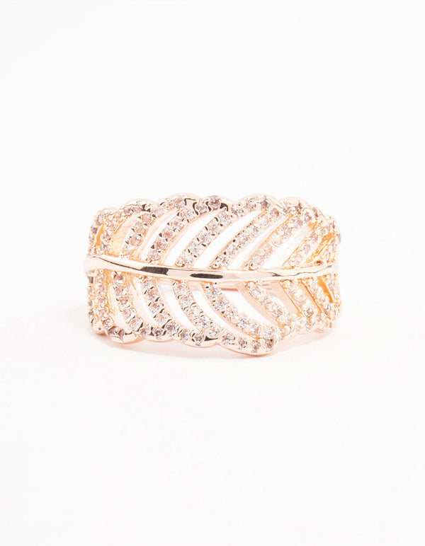 Stunning rose gold leaf band ring featuring cubic zirconia close up view