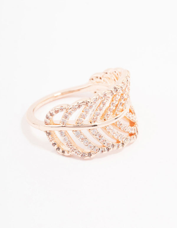 Beautifully crafted leaf band ring in rose gold featuring cubic zirconia side detail view