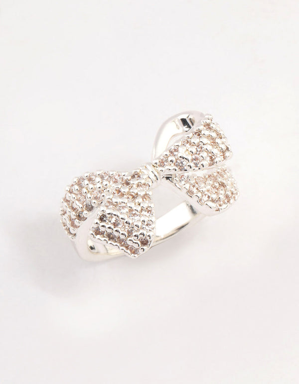 Crafted with cubic zirconia, this silver plated precious bow ring side detail view