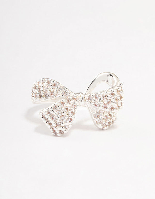 Designed with a bow and cubic zirconia accents, this silver plated precious ring close up view