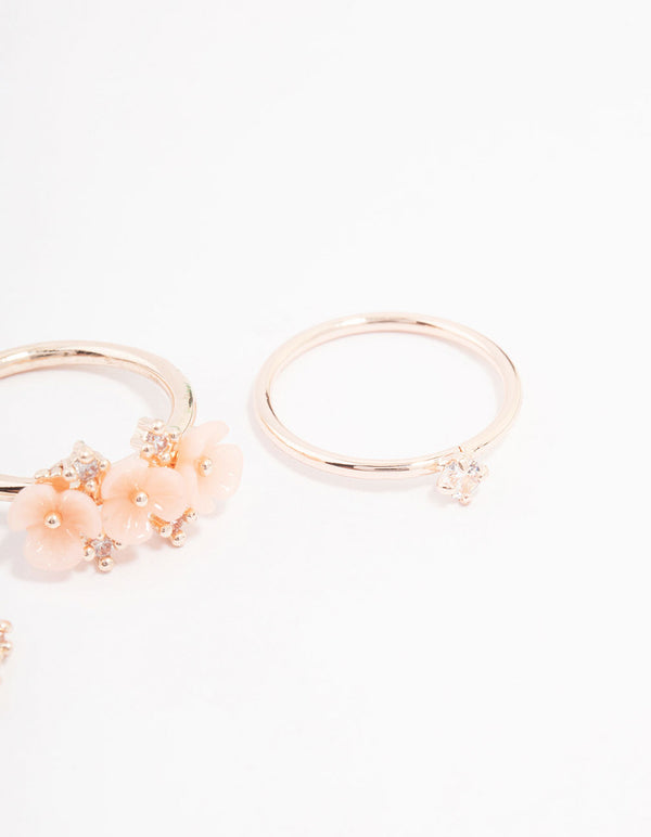 Rose Gold Plated Triple Flower Stacking Ring Pack