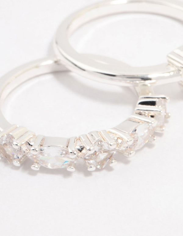 Beautifully crafted silver plated alternating pear stacking rings featuring stone cut gemstones close up view