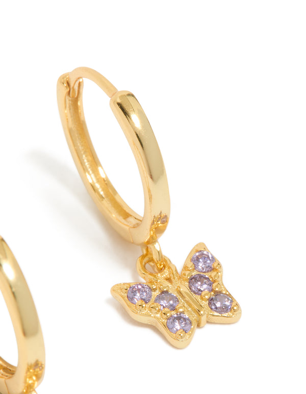 Crafted with gold plated sterling silver cubic zirconia butterfly earrings in purple post detail view