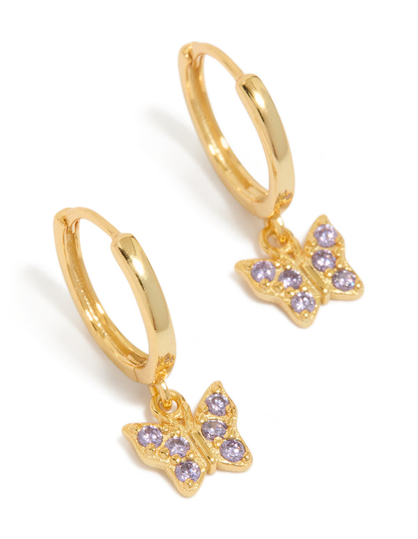 Beautifully designed gold plated sterling silver cubic zirconia butterfly earrings in purple front view