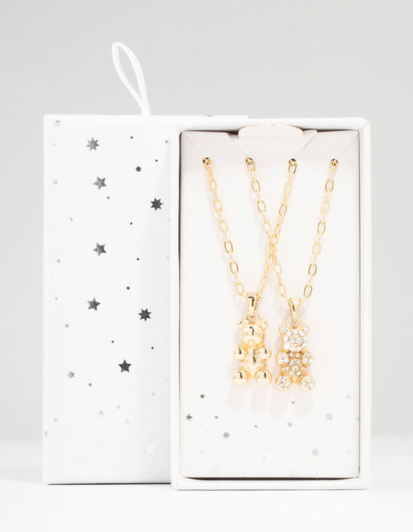 Gold Diamante Teddy Pendant Necklace Pack