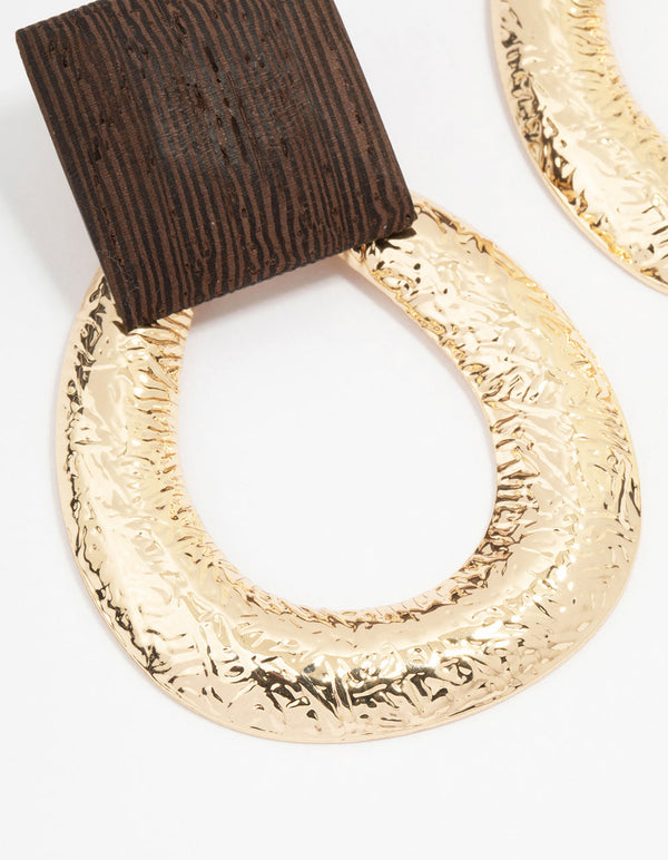 Gold Square Wooden Molten Teardrop Earrings