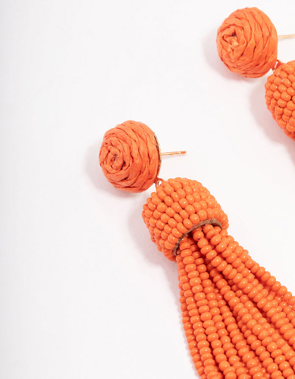 Orange Beaded Layered Fringe Drop Earrings