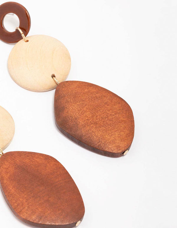 Gold Round Double Wooden Drop Earrings