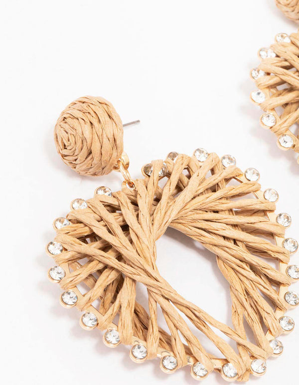 Neutral Raffia Heart Drop Earrings