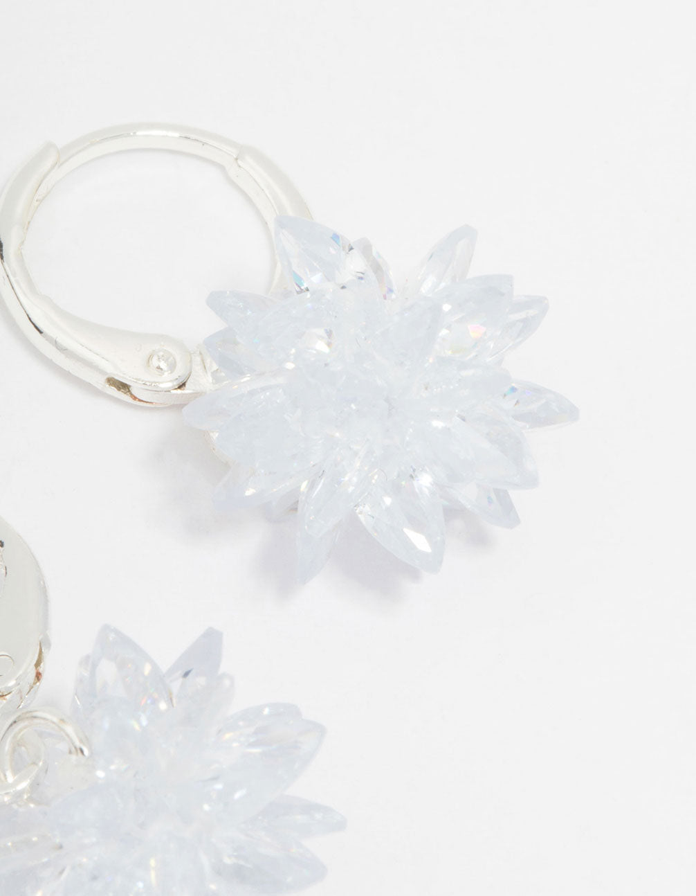 Silver Cubic Zirconia Spike Flower Huggie Hoop Earrings
