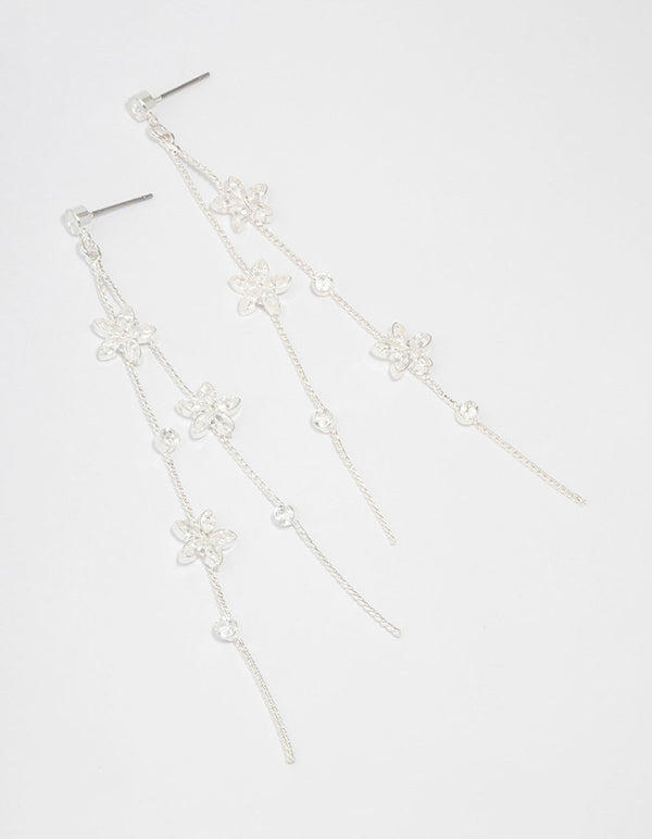 Silver Cubic Zirconia Flower Waterfall Drop Earrings