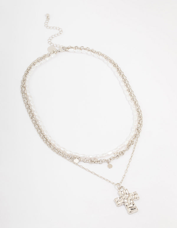 Silver Layered Pearl Cross Necklace