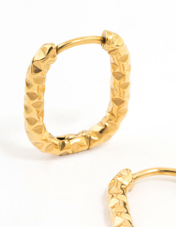 Gold Plated Surgical Steel Textured Square Oval Hoop Earrings
