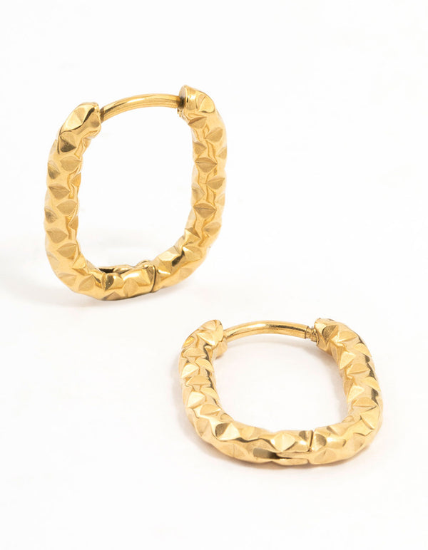 Gold Plated Surgical Steel Textured Square Oval Hoop Earrings